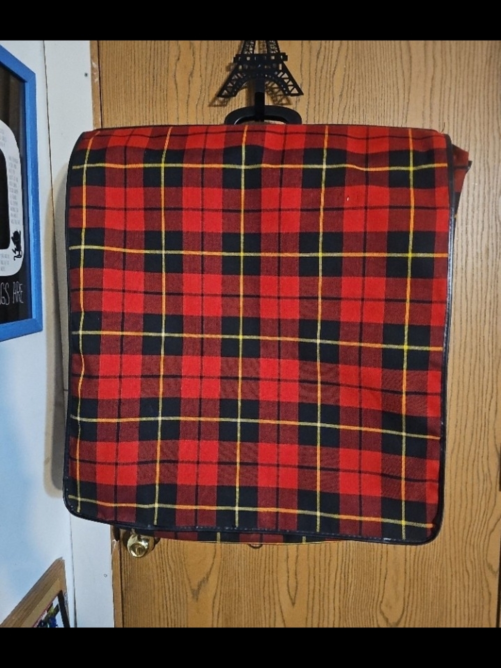 Garment Bag in Brown with Plaid Trim